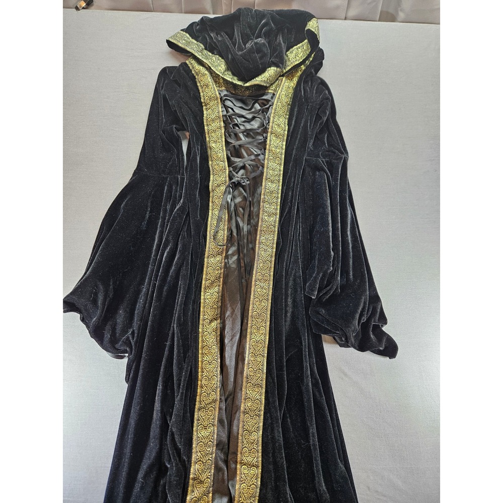 Black Velvet Medieval Hooded Gown Gold Brocade Trim Lace Up Bell Sleeve Large